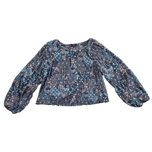 Haver London Crop Top Women's Large Blue Floral Metallic Design Long Sleeve EUC - Picture 1 of 13